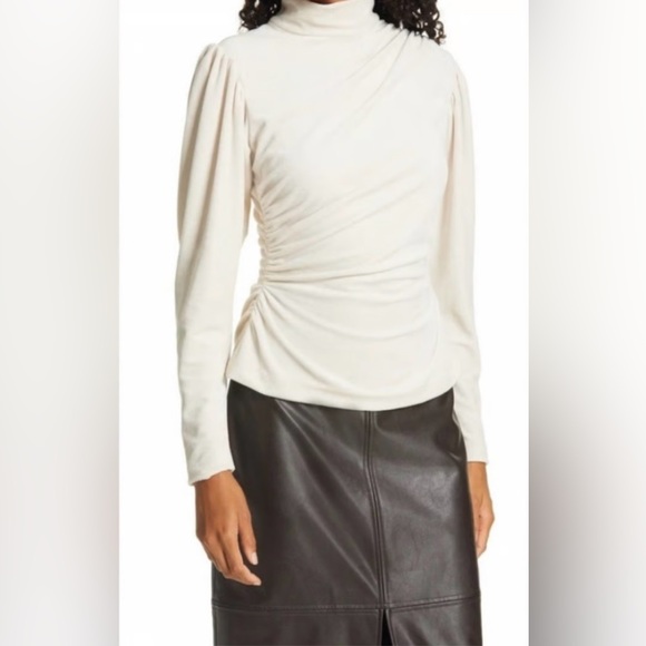 ALC - Joss Asymmetrical High Neck Puff Sleeve Blouse w Ruching - size 4 - Cream - Picture 1 of 14